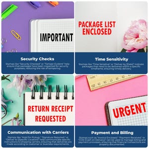 Image featuring shipping supplies with text on security checks, time sensitivity, and payment. Highlights include First Class Mailing, Return Receipt, and Postage Calculator for efficient package handling and communication with carriers.