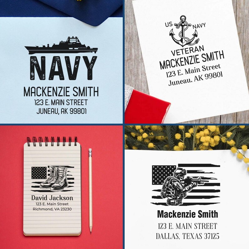 Op de afbeelding: Vier verschillende ontwerpen voor gepersonaliseerde retouradresstempels. De eerste stempel toont een marineschip en de tekst "NAVY MACKENZIE SMITH 123 E. MAIN STREET JUNEAU, AK 99801". De tweede stempel toont een anker en de tekst "US NAVY VETERAN MACKENZIE SMITH 123 E. Main Street Juneau, AK 99801". De derde stempel toont een paar laarzen en een Amerikaanse vlag en de tekst "David Jackson 123 E. Main Street Richmond, VA 23230". De vierde stempel toont een soldaat die een geweer vasthoudt en een Amerikaanse vlag en de tekst "Mackenzie Smith 123 E. MAIN STREET DALLAS, TEXAS 37125".