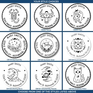 Celestial themed self ink stamp collection featuring star stamps. Includes Scorpio, Taurus, Virgo, and mystical cat designs. Perfect for personalized celestial stamp needs. Choose your style for a unique touch.
