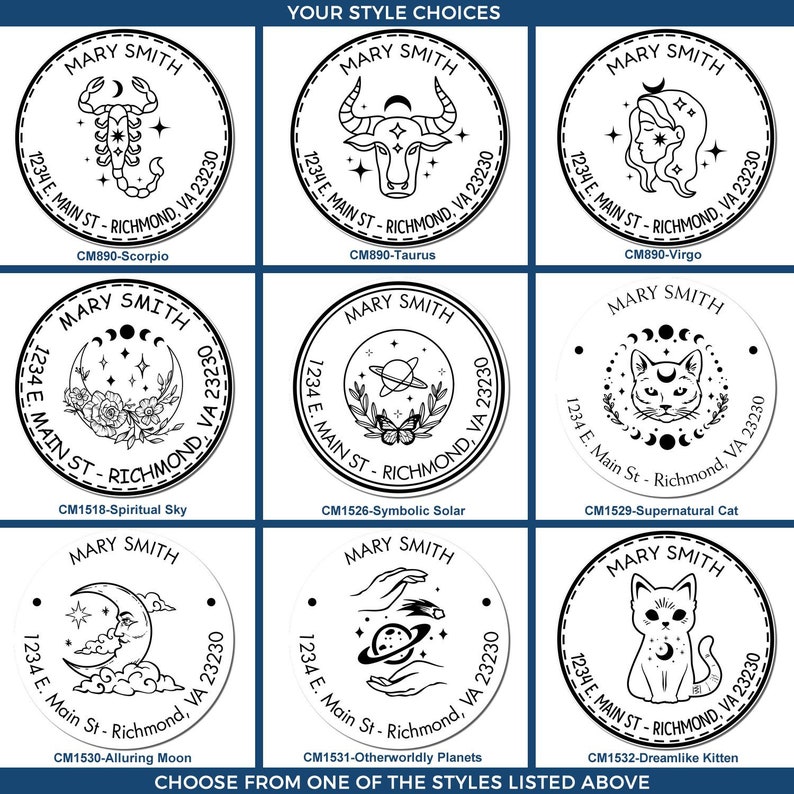 Celestial themed self ink stamp collection featuring star stamps. Includes Scorpio, Taurus, Virgo, and mystical cat designs. Perfect for personalized celestial stamp needs. Choose your style for a unique touch.
