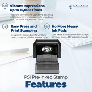 Infographic showcasing the features of a PSI pre-inked stamp. Highlights include vibrant impressions up to 15,000 times, easy press and print stamping, and no more messy ink pads. The stamp is described as hecho a mano, a wooden stamp, and handmade