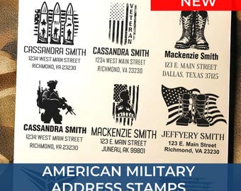 Patriotic Military Gift, Customizable Address Stamp, American Veteran Address Stamp, Army, Navy, Marines, Air Force Self-Inking Stamp