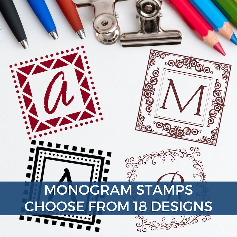 Image featuring various monogram return address stamps, including a self-inking stamp and a wooden monogram stamp. Initials stamp designs are displayed with pens and a clipboard, showcasing 18 customizable options.