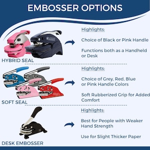 Embosser options featuring a variety of styles, including a hybrid seal, soft seal, and desk embosser. Ideal for creating personalized Astrology Stamp, Zodiac Address Stamp, Celestial Return Address Stamp, and Zodiac Themed Stamp designs.