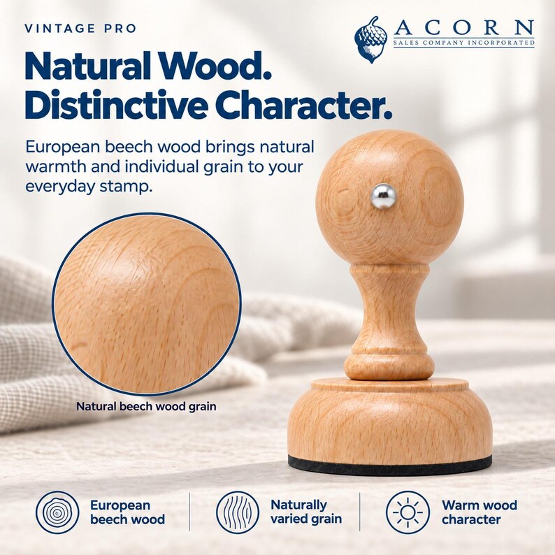 Pu&ograve; includere: Un timbro manuale in legno di colore chiaro con impugnatura sferica e base piatta. Il testo recita VINTAGE PRO, ACORN SALES COMPANY INCORPORATED, Natural Wood. Distinctive Character. Il legno di faggio europeo dona calore e venature naturali.