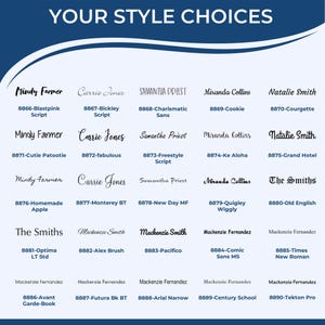 Image showcasing various font styles for custom script name stamps, custom script stamps, and custom signature rubber stamps. Includes options like Blasptink Script, Cookie, and Courgette, ideal for personalized stationery and branding needs.