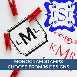 May include: A close-up of a variety of monogram stamps with different designs. The stamps are displayed on a white surface with red clothespins. The text "MONOGAM STAMPS CHOOSE FROM 16 DESIGNS" is displayed at the bottom of the image.