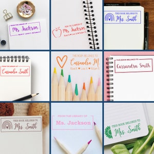 Personalized classroom stamp collection featuring self inking stamps for teachers. Ideal classroom supplies with custom designs for books and stationery. Enhance your classroom with a self inking custom stamp for easy labeling.