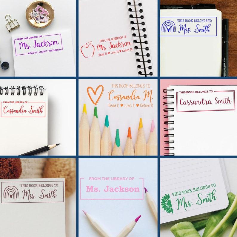 Personalized classroom stamp collection featuring self inking stamps for teachers. Ideal classroom supplies with custom designs for books and stationery. Enhance your classroom with a self inking custom stamp for easy labeling.