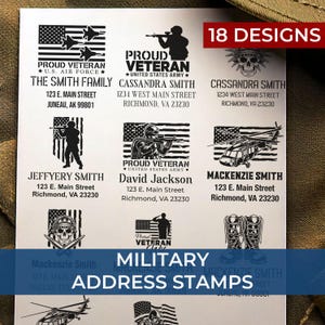 May include: A collection of 18 designs for military address stamps. The stamps feature various military themes, including flags, helicopters, boots, and guns. The text on the stamps includes "Proud Veteran", "United States Army", and "The Smith Family".