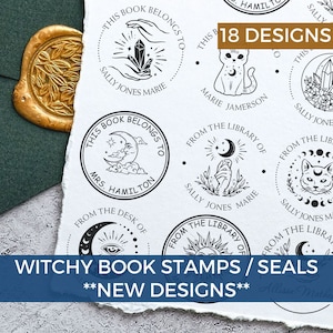 Witchy Gifts, Custom Book Stamp or Personalzied Seal Embosser, Moon and Stars, Crystals, Bees and Butterflies Designs, Astro Kitty Designs