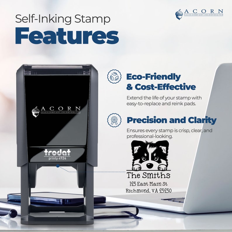 Self-inking dog rubber stamp featuring a cute dog design, perfect as a dog themed gift. This eco-friendly rubber address stamp offers precision and clarity, ideal for personalizing mail with a unique dog stamp.