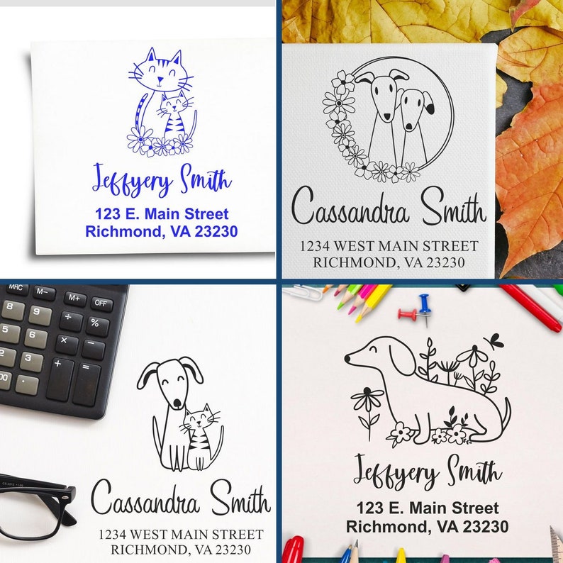 Image featuring a variety of personalized self-inking stamps, including a kittens stamp, personalized dog stamp, and bird address stamp, perfect for adding a unique touch to your correspondence and stationery needs.