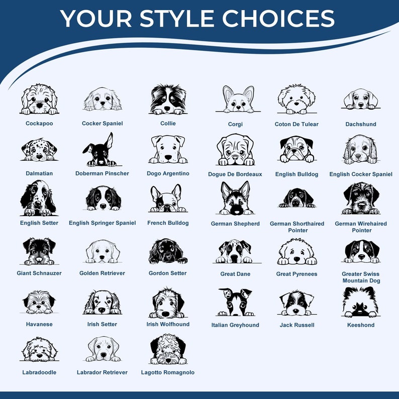 Custom rubber stamp featuring various dog breeds, perfect as a dog lover gift. Choose your pet print stamp style from options like Corgi, Dachshund, and Golden Retriever. Ideal for personalized stationery or crafting projects.
