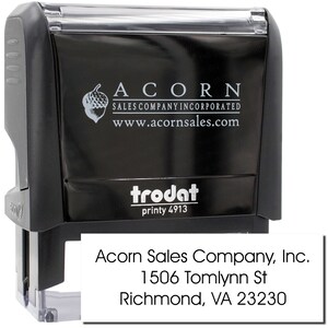 Unique return address stamp featuring Acorn Sales Company, Inc. design. Ideal for wedding return address stamp needs. Perfect address stamp for mail, ensuring a personalized touch for all your correspondence.