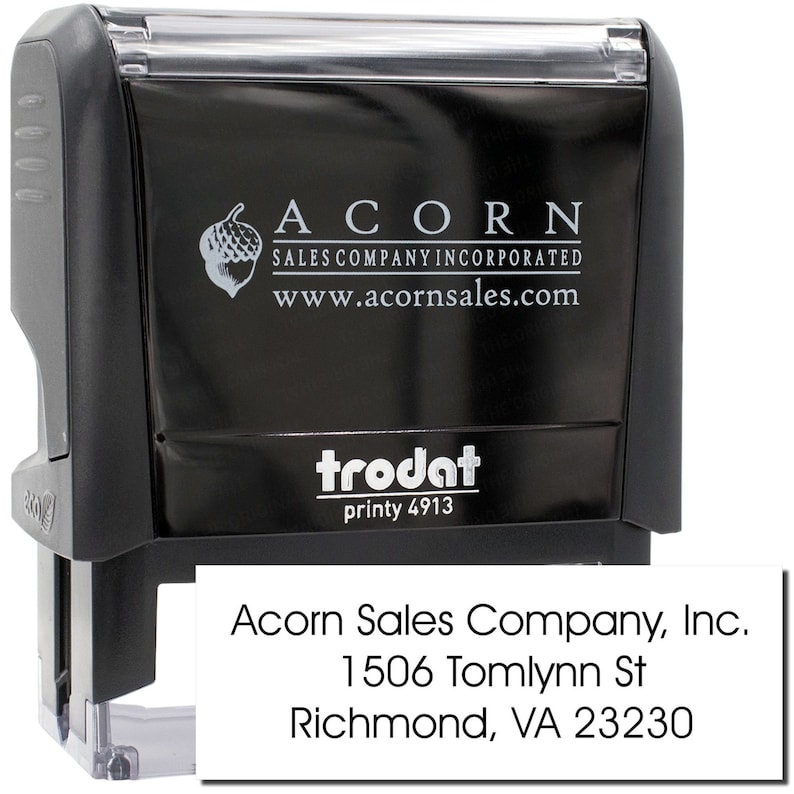 Unique return address stamp featuring Acorn Sales Company, Inc. design. Ideal for wedding return address stamp needs. Perfect address stamp for mail, ensuring a personalized touch for all your correspondence.