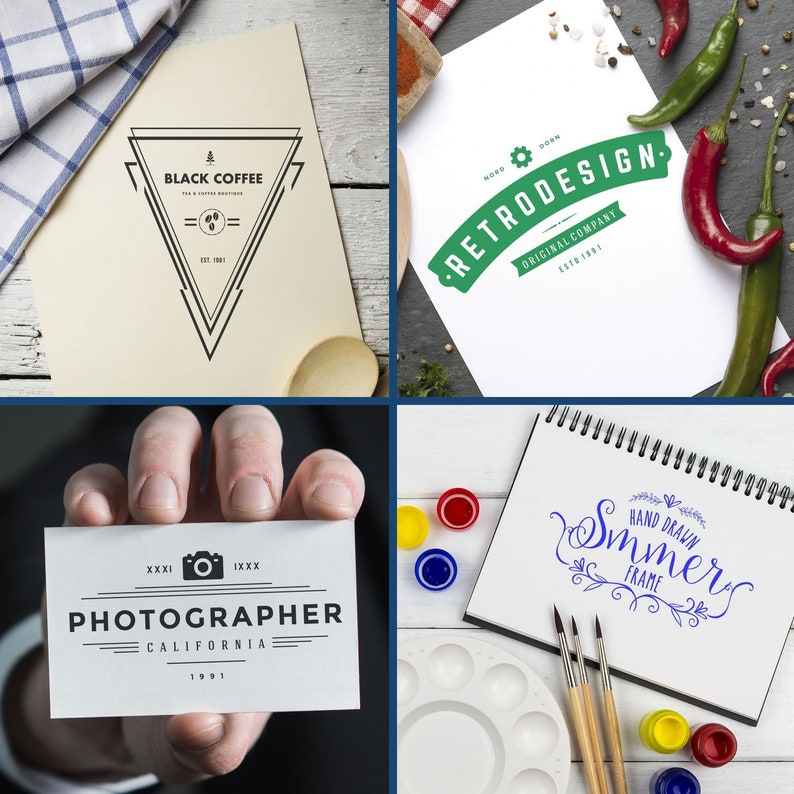 Image showcasing a variety of customizable rubber stamps, including a name address stamp and a logo embosser stamp, displayed on different creative designs like business cards and art prints, highlighting their versatile use in branding and personal