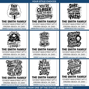 Grid of nine black-and-white inspirational typography address labels under the heading “YOUR STYLE CHOICES,” each showing a different quote above sample recipient text “THE SMITH FAMILY, 123 West Main Street Apt 2, Virginia Beach, VA 23451,” with a footer reading “CHOOSE FROM ONE OF THE STYLES LISTED ABOVE.”