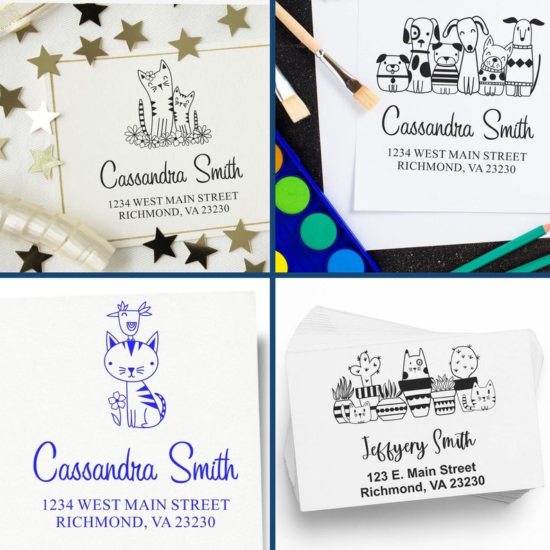 Custom pet stamp designs featuring cats and dogs, perfect for personalizing mail. Ideal as a pet address stamp, including a cat stamp for address use. Enhance your correspondence with these unique pet stamps.
