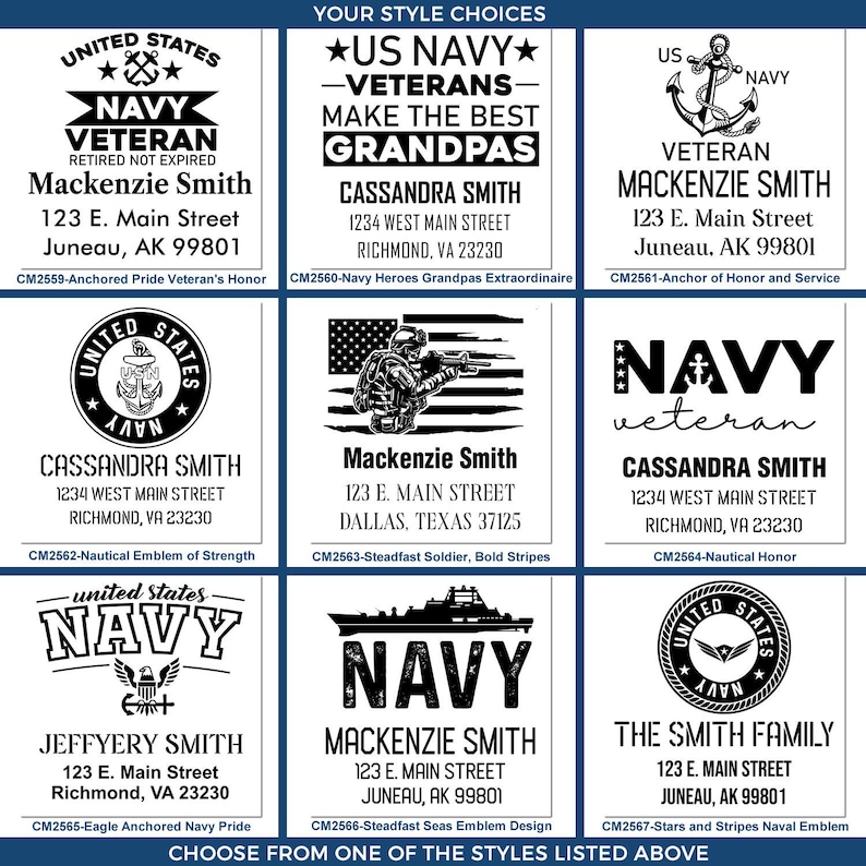 Op de afbeelding: Negen verschillende ontwerpen voor gepersonaliseerde retouradreslabels met het US Navy-logo, tekst en verschillende patriottische afbeeldingen. De ontwerpen omvatten een Navy-veteraan, een Navy-opa, een Navy-anker, een Navy-nautisch embleem, een Navy-soldaat, een Navy-veteraan, een Navy-adelaar, een Navy-schip en een Navy-familie.