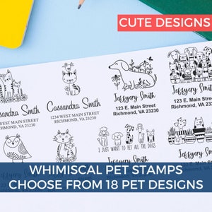Personalized address stamp collection featuring custom cat stamp, custom bird stamp, and dog stamp for address. Whimsical pet designs offer a unique touch to your mail. Choose from 18 cute designs for a personalized touch.