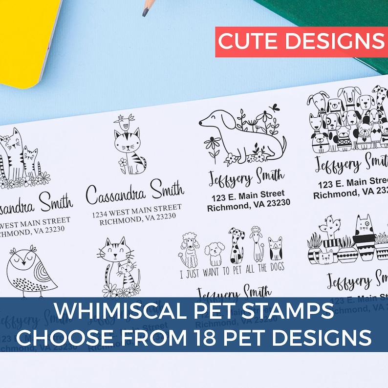 Personalized address stamp collection featuring custom cat stamp, custom bird stamp, and dog stamp for address. Whimsical pet designs offer a unique touch to your mail. Choose from 18 cute designs for a personalized touch.