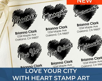 Elegant Personalized Square Made to Order Address Stamps with Cursive City Names and Heart Squiggle for a Romantic Flair