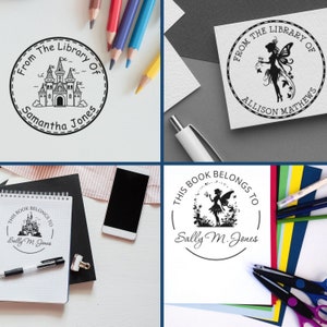 Customized stamps for book lovers featuring unique custom designs for children's books. Perfect for personalizing your library collection with creative and whimsical styles. Ideal for adding a special touch to your favorite reads.