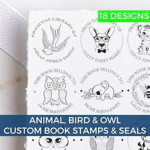 Library Embosser, From the Library of, Ex Libris, Property of Book Stamper Gift, Self Ink Stamper or Wooden Handle, Owl, Bee, Cow Designs