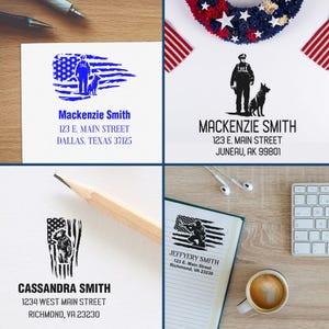 Puede incluir: Cuatro sellos de direcci&oacute;n de devoluci&oacute;n diferentes que presentan una silueta de una persona con un perro y una bandera estadounidense. Los sellos est&aacute;n impresos en tinta negra y azul. El texto en los sellos incluye los nombres Mackenzie Smith, Jeffery Smith y Cassandra Smith, junto con sus direcciones.
