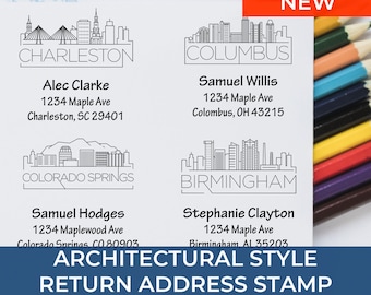 Personalized Square Address Wedding Stamps Featuring Architectural City Skyline Designs for Unique Mail Branding