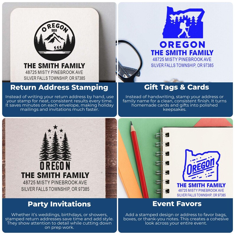 May include: A collection of four square images displaying address stamps. Each stamp includes the word "OREGON" and "THE SMITH FAMILY" with an address. The images are labelled "Return Address Stamping", "Gift Tags & Cards", "Party Invitations", and "Event Favors".