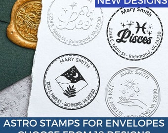 Astrological Sign Address Stamp, Zodiac Gifts, Self-Inking Address Stamp or Address Embosser, Custom Made, Moon, Sun and Cat Symbol Designs
