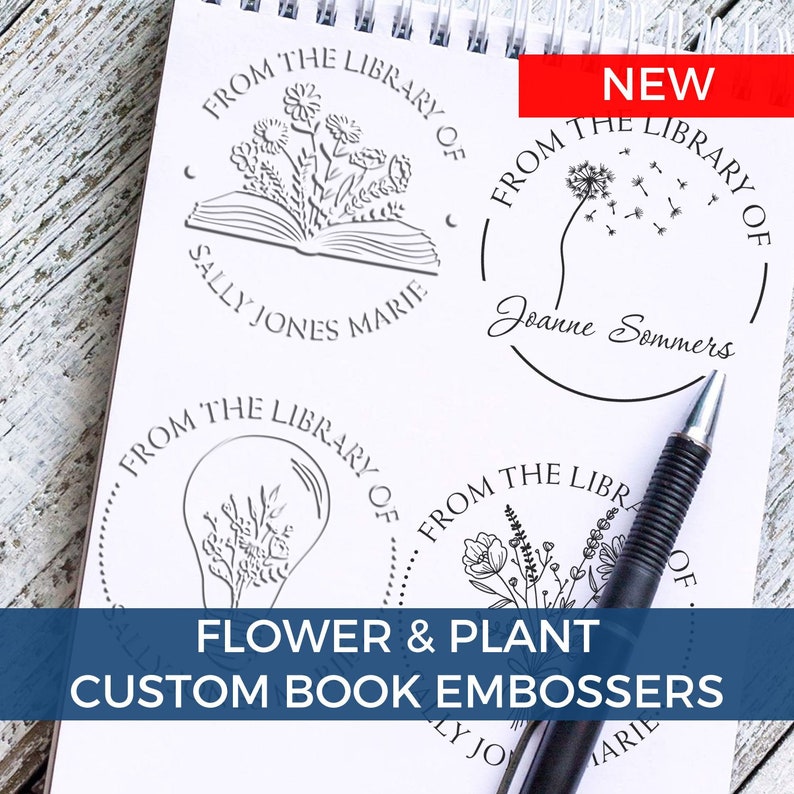 Personalized book stamp designs featuring floral motifs on a notepad. Includes self-inking library stamp and library label stamp options. Ideal for craft stamp enthusiasts seeking custom book embossers for personal collections.