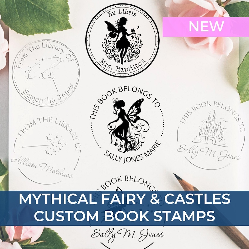 Custom book stamps featuring enchanting fairy designs, perfect for adding a touch of Fairy Dreams to your collection. Ideal Fairy Gifts for book lovers, enhancing Book Decoration with whimsical Fairy Decor elements.