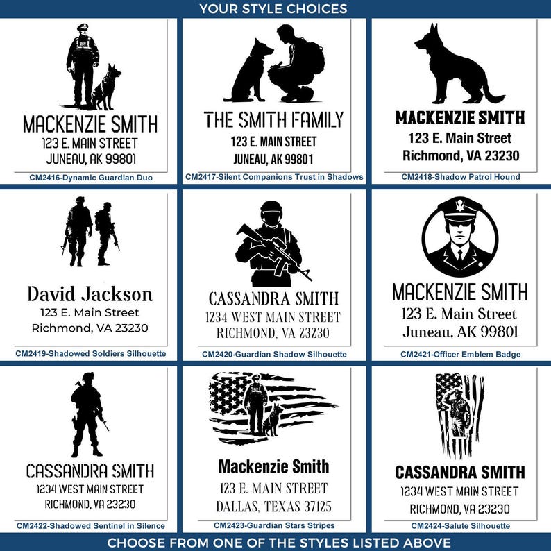 Puede incluir: Un collage de nueve dise&ntilde;os diferentes para sellos de direcci&oacute;n de devoluci&oacute;n personalizados. Cada dise&ntilde;o presenta una silueta de un soldado, un perro o una bandera. Los dise&ntilde;os est&aacute;n etiquetados con los nombres "Mackenzie Smith", "The Smith Family", "David Jackson", "Cassandra Smith" y "Mackenzie Smith".