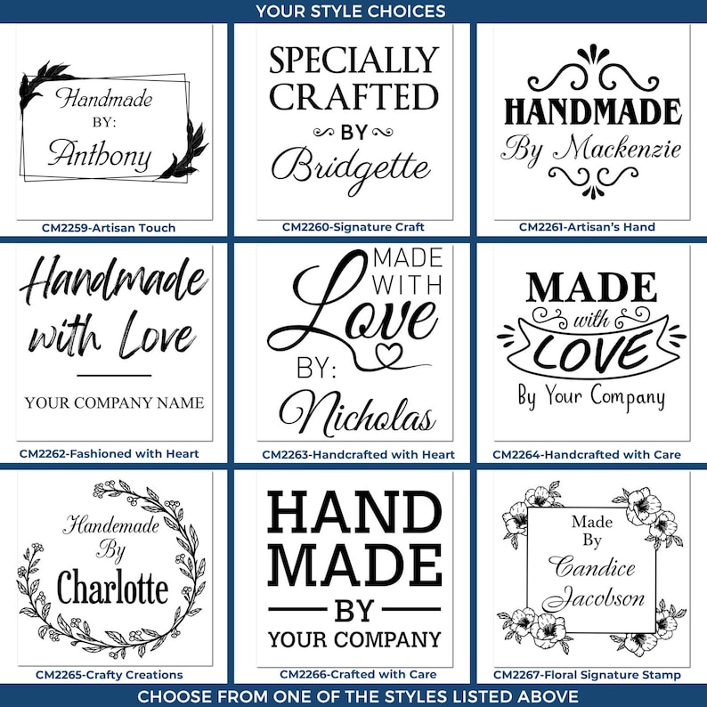 Image showing nine different designs of custom name stamps. Each personal stamp features unique text and decorative elements. Examples include "Handmade By Anthony," "Specially Crafted By Bridgette," and "Handmade By Mackenzie." These handmade by st