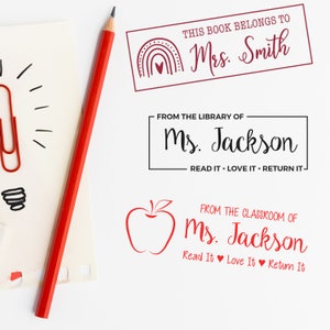 Artistic self-inking book stamp designs, perfect as a custom gift for teachers. Featuring personalized stamps with creative motifs, ideal for marking books. Enhance your library with these unique book stamps.