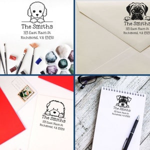 Pet themed gift featuring self-inking address stamp with adorable puppy dog designs. Perfect self-inking pet stamp for personalizing letters and stationery. Ideal for dog lovers seeking unique and functional gifts.