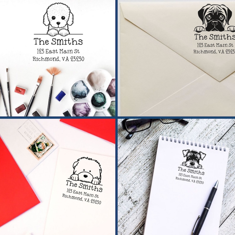 Pet themed gift featuring self-inking address stamp with adorable puppy dog designs. Perfect self-inking pet stamp for personalizing letters and stationery. Ideal for dog lovers seeking unique and functional gifts.