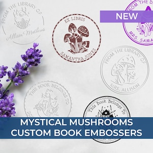 Mystical Mushroom Library Stamp - Ex Libris Seal, Celestial, Magical, Personalized Gift, Personalized Book Emboss Stamp, Embossing Seals