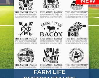 Farmhouse Custom Address Stamp, 3 Line Personalized Return Address Stamp, Rustic Wood Style Self-Inking or Rubber Stamp