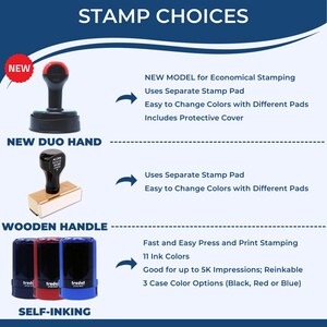 Pu&ograve; includere: Una tabella comparativa intitolata STAMP CHOICES che mostra tre tipi di timbri: un timbro con manico nero e rosso etichettato NEW MODEL, un timbro con manico nero e base in legno etichettato NEW DUO HAND e tre timbri autoinchiostranti in nero, rosso e blu.
