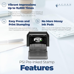 Image showing a PSI pre-inked stamp with features listed: "Vibrant Impressions Up to 15,000 Times," "Easy Press and Print Stamping," and "No More Messy Ink Pads." Ideal for Gifts For Makers, Business Card Stamp, and Sello Personalizado. Background i