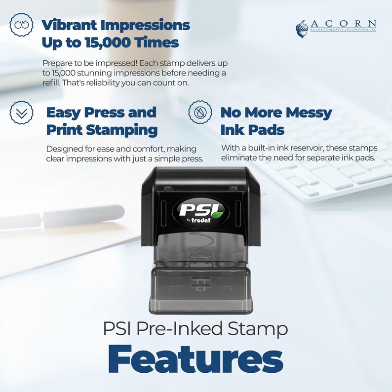 Image showing a PSI pre-inked stamp with features listed: "Vibrant Impressions Up to 15,000 Times," "Easy Press and Print Stamping," and "No More Messy Ink Pads." Ideal for Gifts For Makers, Business Card Stamp, and Sello Personalizado. Background i