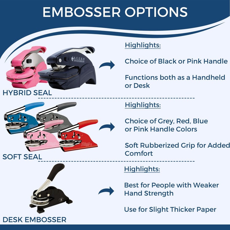 Embosser options for custom book stamps, featuring hybrid, soft, and desk seal designs. Ideal for craft supplies for kids, these novelty book stamps include shark book stamp designs in various colors and grips.