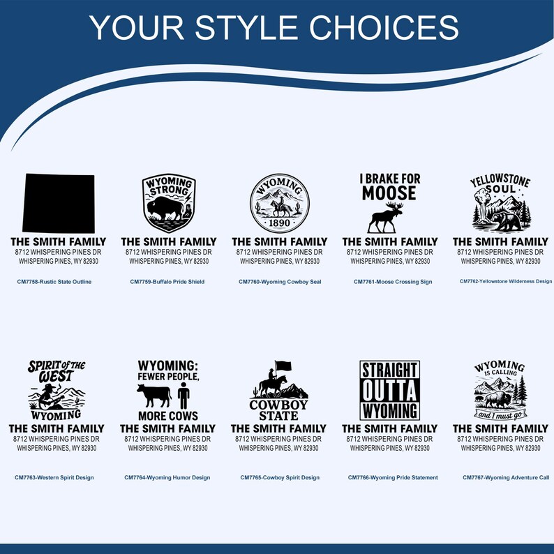 K&ouml;nnte beinhalten: Eine Sammlung von schwarz-wei&szlig;en Grafikdesigns mit Text und Bildern, die sich auf Wyoming beziehen. Designs umfassen eine Staatsumriss, einen B&uuml;ffel, einen Elch und den Text "Straight Outta Wyoming". Der Text "Your Style Choices" steht oben.