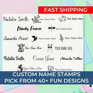 May include: A sheet of white paper with black ink showing various custom name stamp designs. The designs include a unicorn, a dragon, a rocket, a llama, a mermaid, a cat, a highland cow, and a bat. The text "CUSTOM NAME STAMPS PICK FROM 40+ FUN DESIGNS" is at the bottom of the sheet.