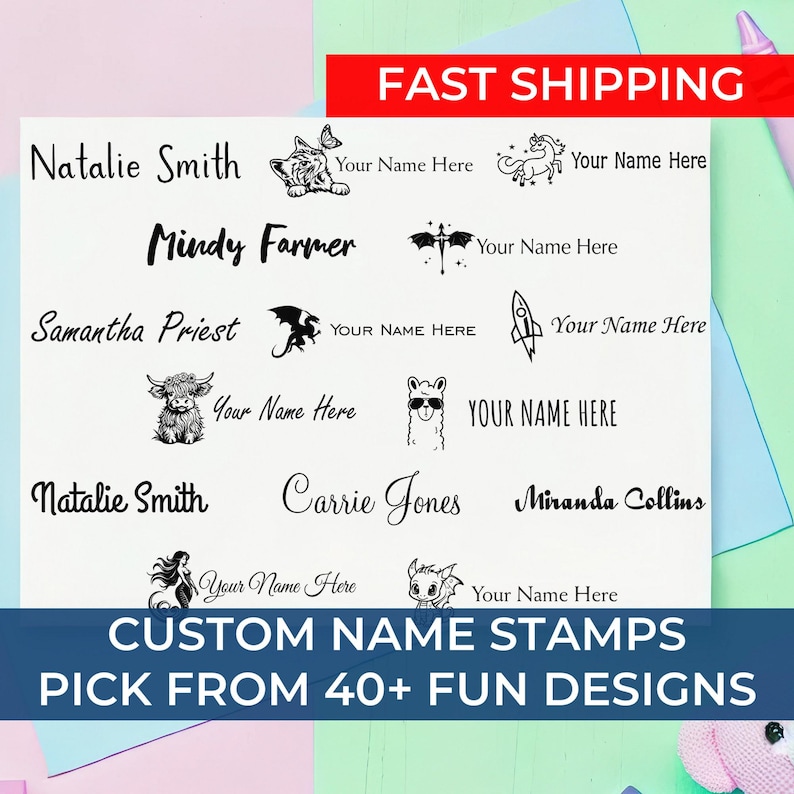 Custom signature stamp collection featuring various designs. Choose from custom rubber stamps and self-inking signature stamps for personalized use. Fast shipping available for over 40 fun styles. Perfect for adding a unique touch to your documents.