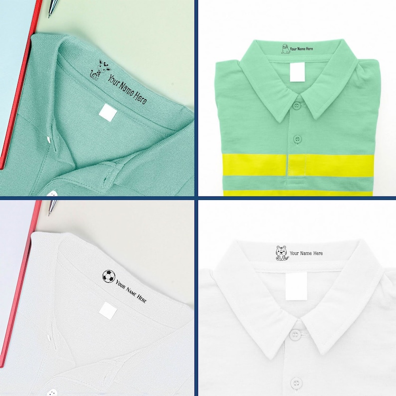 Custom clothing stamp on shirts, showcasing waterproof kids name stamp. Buy waterproof fabric stamp for personalized labeling. Ideal for school uniforms and kids' clothing, ensuring durability and easy identification.